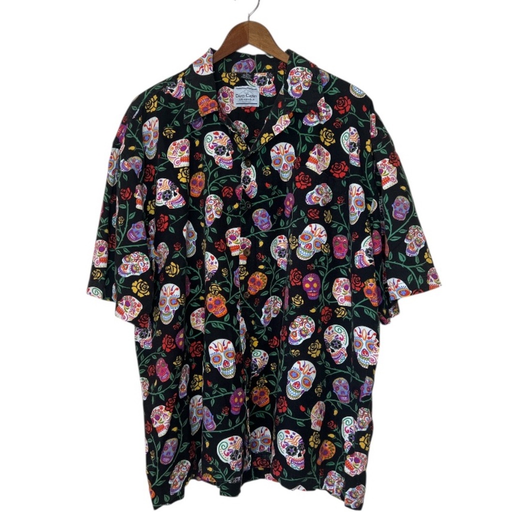 David Carey Day of the Dead Camp Sugar Skulls Roses Button Down Shirt Size 2XL
